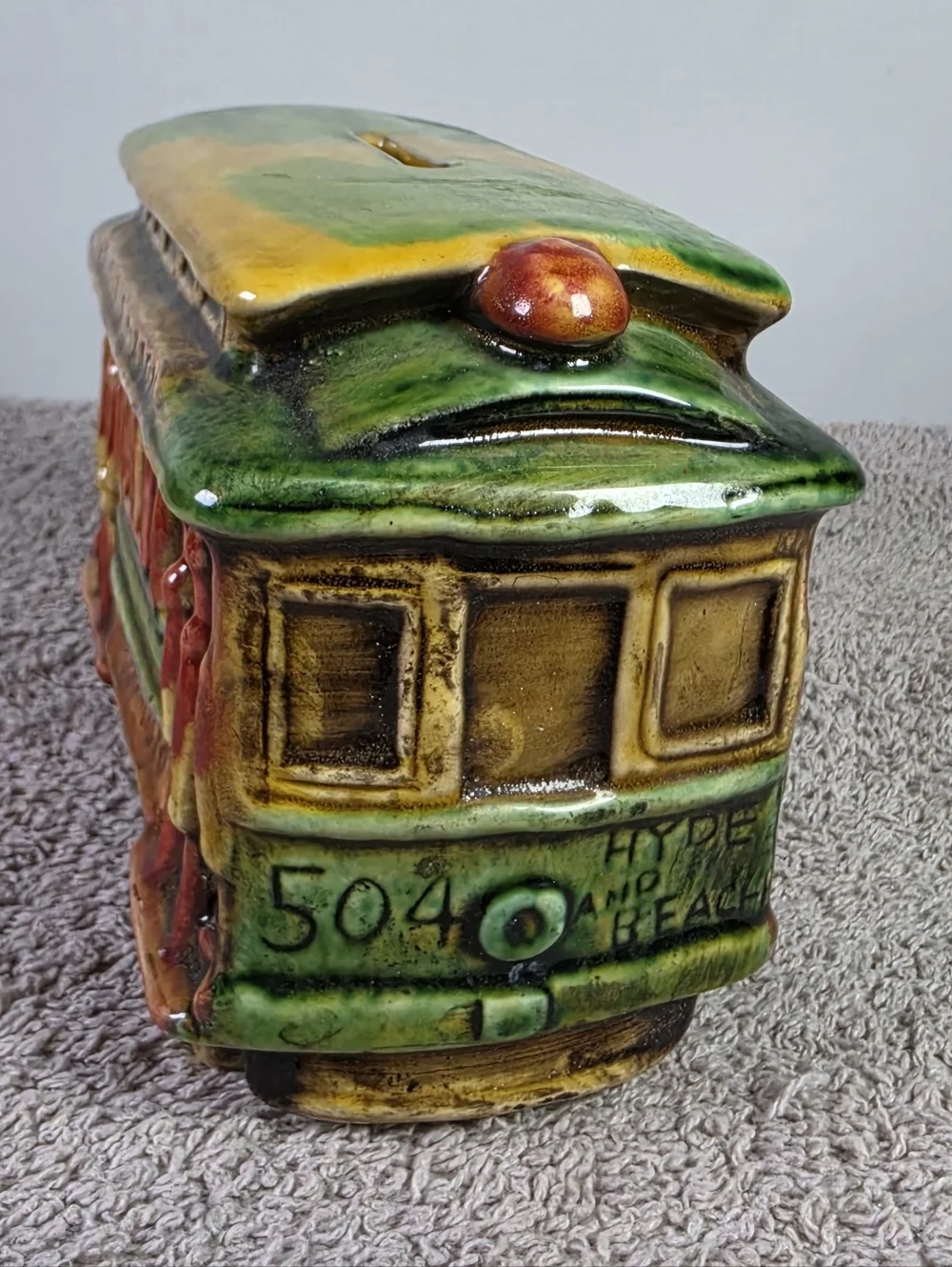 Vintage San Francisco Cable Car Ceramic Bank - Green & Gold